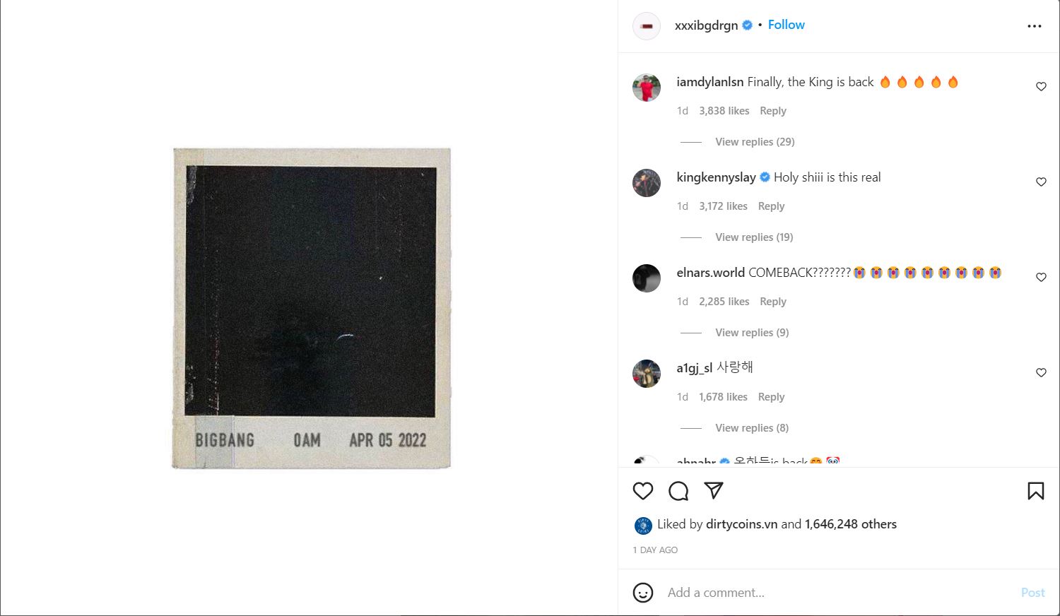 G-Dragon đăng tải trên Instagram cá nhân 