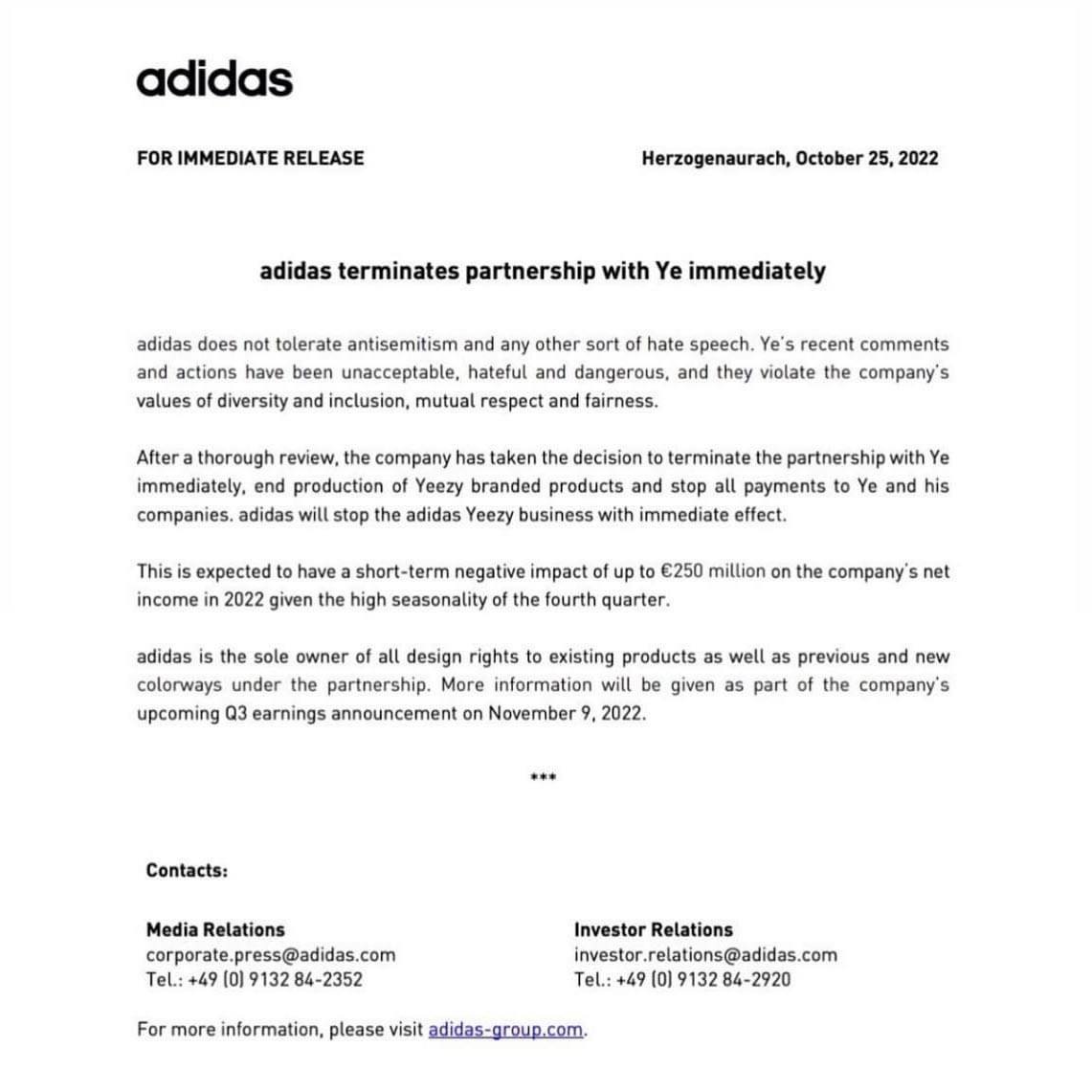 Adidas đã đưa ra tuyên bố chính thức về việc chấm dứt quan hệ đối tác với Kanye West